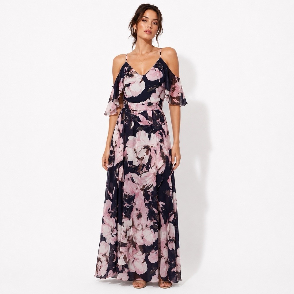 Vince Camuto Ruffle Shoulder Maxi Floral Dress Pink NWOT Fairy Wedding Sz 6